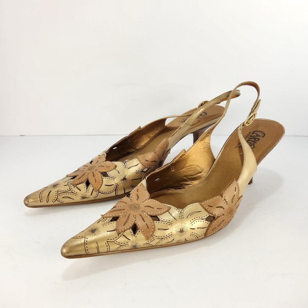 Carlos Santana Women's Gold Floral Pointy Toe Slingback Pumps Size 9.5